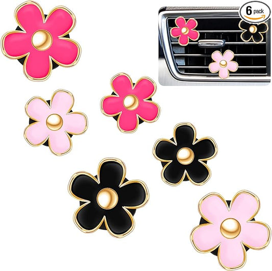 Frienda 6 Pcs Daisy Flower Air Vent Clip Accessories Air Conditioning Outlet Clip Car Air Freshener Dashboard Accessories Charm Car Inter Decor(3 cm, 3.3 cm,Red, Pink, Black)