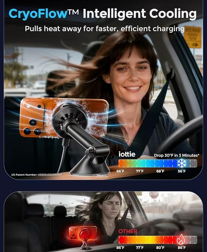iOttie Velox Pro Qi2.2 25W Fast Charging Magnetic Wireless Car Charger, Dash & Windshield Mount, Built-in Fan Cooling, for iPhone 12/13/14/15/16/17, USB-C Cable & 45W Car Charger Included