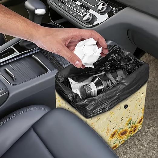 Sunflower Music Notes Pattern Car Trash Can Leakproof Trash Bin Car Garbage Can Hanging Water-Resistant Collapsible Auto Trash Bag Car Accessories for Women Men