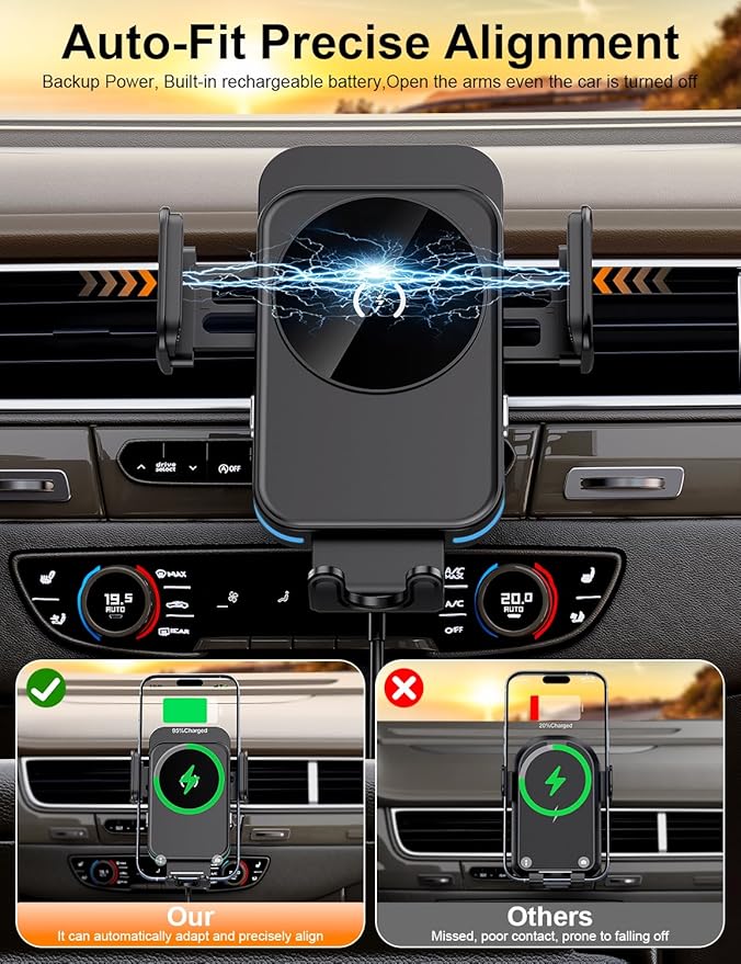 Wireless Car Charger, 15W Fast Charging [Auto Clamping] [Auto alignment] Phone Holders for Your Car Dashboard Windshield Air Vent Car Accessories for iPhone 17 16 15 14 13 12 Series, Samsung Galaxy
