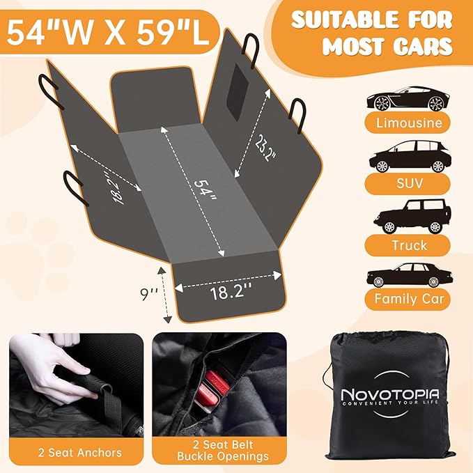 Dog Car Seat Cover for Back Seat 100% Waterproof, Long-Lasting and Soft Nonslip Backseat Cover for Cars, SUVs and Trucks, 600D Oxford Fabric, Black-White, Standard (54" W x 59" L)