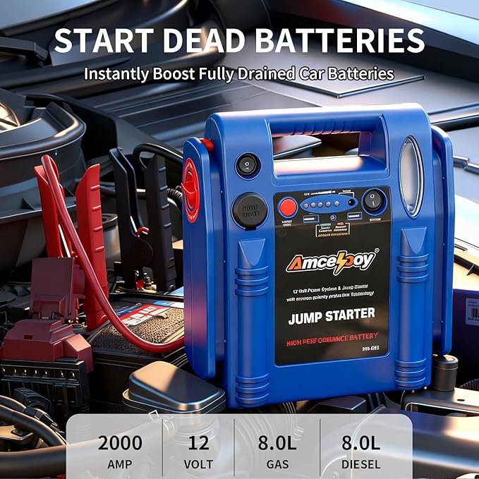 2000 Peak Amp Car Battery Jump Starter, 12V Booster for Up to 8.0L Gas & 8.0L Diesel Engines, Portable Jump Box with LED Light, USB & DC Ports