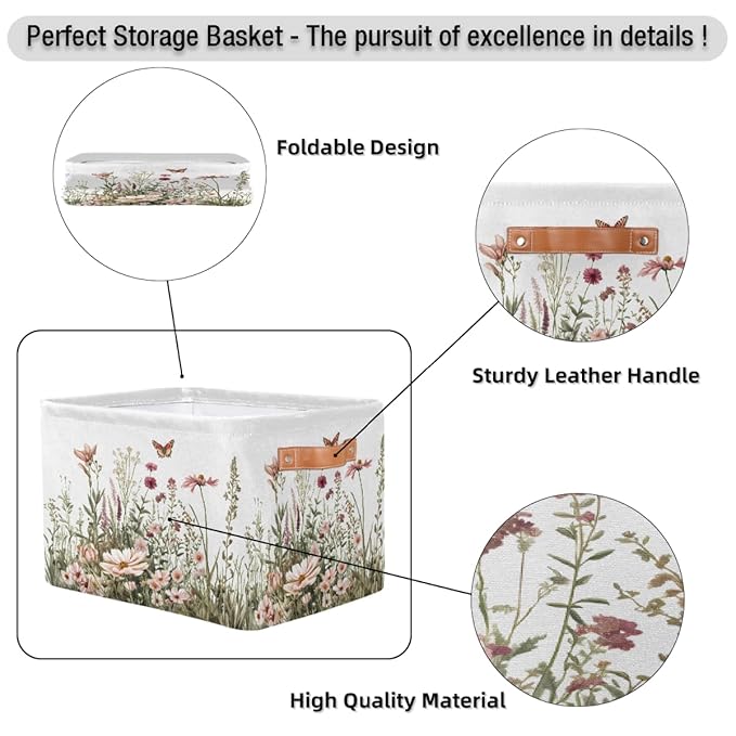 Spring Wildflowers Storage Baskets for Organizing, Fabric Collapsible Storage Bins Box Plants Floral Decorative Toy Organizer Baskets for Closet Shelves Gift Basket 1 Pc
