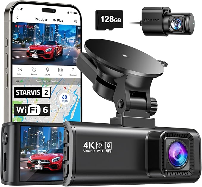 REDTIGER F7N Plus 4K Dual Dash Cam Front and Rear, STARVIS 2 Sensor, 128GB Card Included, 5.8GHz WiFi-20MB/s Fast Downloads, Dash Camera for Cars with GPS, HDR, WDR Night Vision, 24H Parking Mode