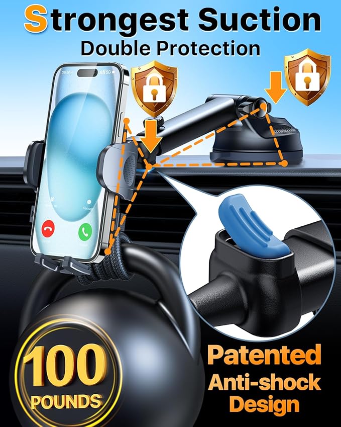 2026 Ultimate Best【True Military-Grade & Safety Cert】Car Phone Holder【Upgraded 360 Rotation & 100+LBS Strongest Suction】5-in-1 Truck Windshield Dashboard Vent Mount Stand for iPhone Android,Deep Black