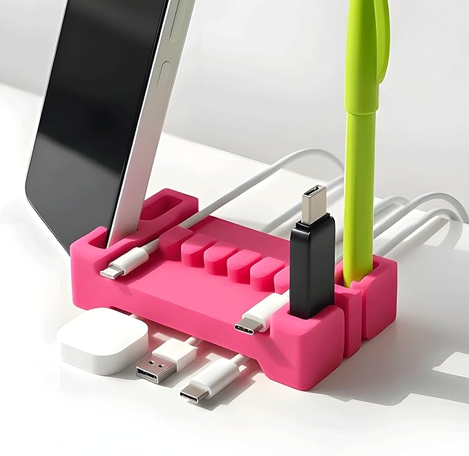 DeskBrick Silicone + Steel-Weighted Cord Holder for Desk. Weighted Cord Organizer & Cable Management for Desktop. Useful Phone Accessory & Cable Holder for Office, Home. No Adhesive. Pink