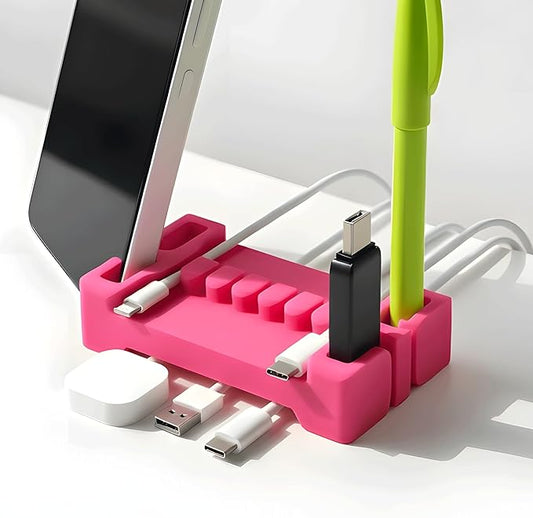 DeskBrick Silicone + Steel-Weighted Cord Holder for Desk. Weighted Cord Organizer & Cable Management for Desktop. Useful Phone Accessory & Cable Holder for Office, Home. No Adhesive. Pink