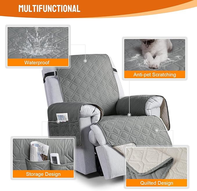 VANSOFY 100% Waterproof Recliner Chair Covers, Recliner Cover Non-Slip Dog Chair Cover Furniture Protector Washable Slipcover with Pocket, Elastic Straps for Pets, Dogs(Gray, 28")