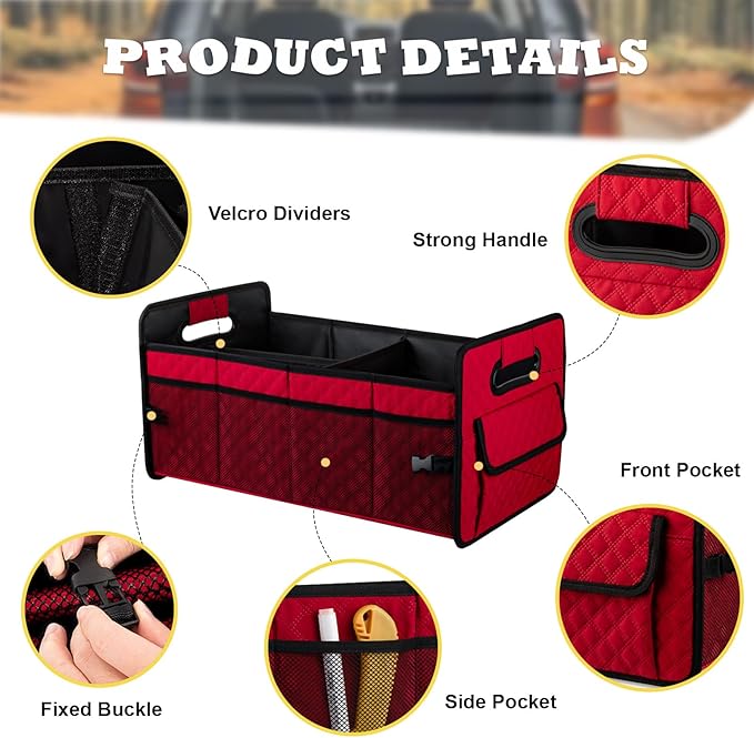 JiatuA Car Trunk Organizers and Storage for SUV, Collapsible Multi Compartment Container Box Adjustable Car Accessories for Women Men, Red