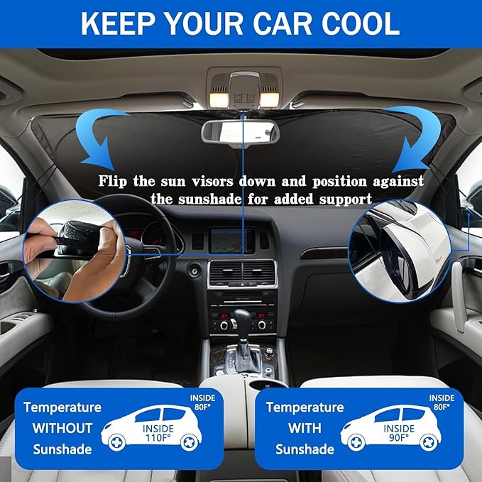 Car Windshield Sun Shade, Funny Eyes Sun Visor, Wear-Resistant Black Tape, Foldable 160x86cm/63x33.86inch