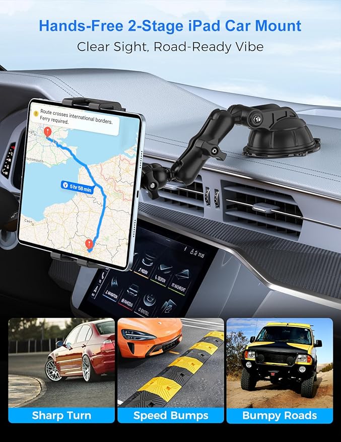 PLDHPRO Tablet Car Mount for Dashboard & Windshield, Heavy Duty iPad Holder for Truck, 360° Adjustable Suction Cup Stand Fits 5.1–15.6” Tablets & Phones, Stable for GPS & Road Trips