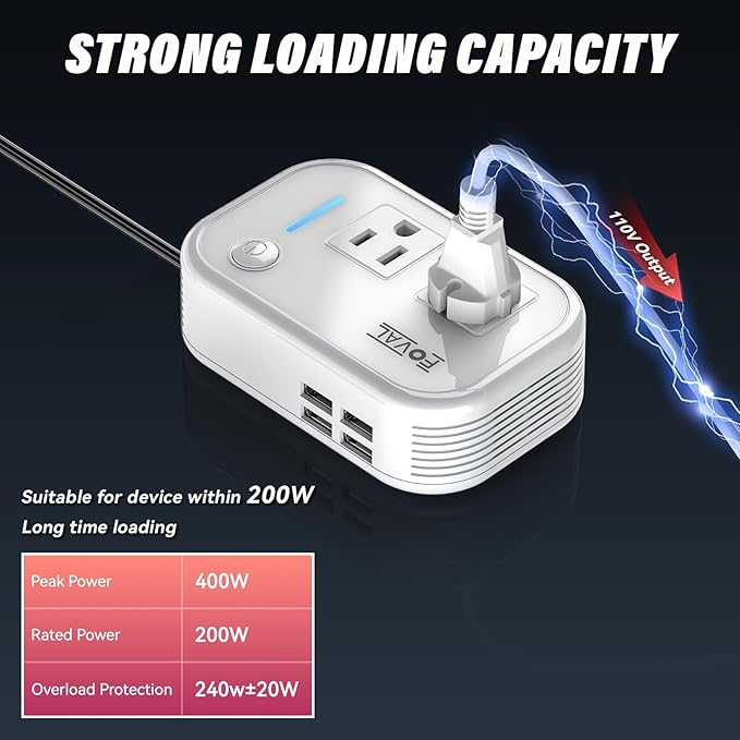 200W Car Power Inverter, FOVAL 12V DC to 110V AC Car Inverte with 4 USB Ports Car Outlet Adapter, Power Inverter for Vehicles, Car Plug Adapter Outlet for Laptop Computer Charger (White)