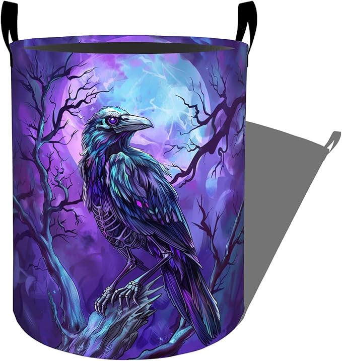 Gothic Crow with Glowing Moonlight Laundry Basket with Handles, 19.7"x15.7" Clothes Foldable Laundry Hamper Organizer for Dorm Nursery Bedroom Bathroom Decor, Toy Storage Bin for Kids