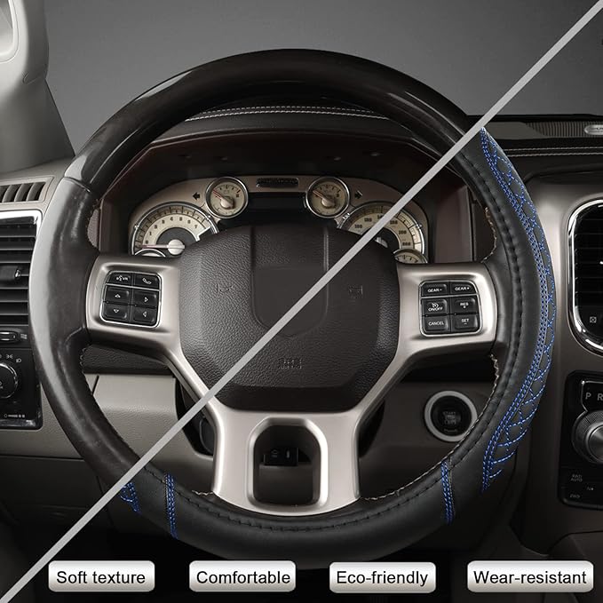 West Llama Customized Auto Car Steering Wheel Cover for Dodge RAM 1500 2500 3500, 15.5-16 inch (Diamond Quilted-Black+Blue-Large Size)