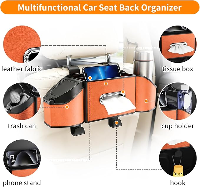 7-in-1 Multifunctional Car Seat Back Organizer, Car Back Seat Storage Box Trash Can & Cup Holder with Tissue Box, Hooks, Universal Fit for Most Cars, SUVs, Trucks (Orange)