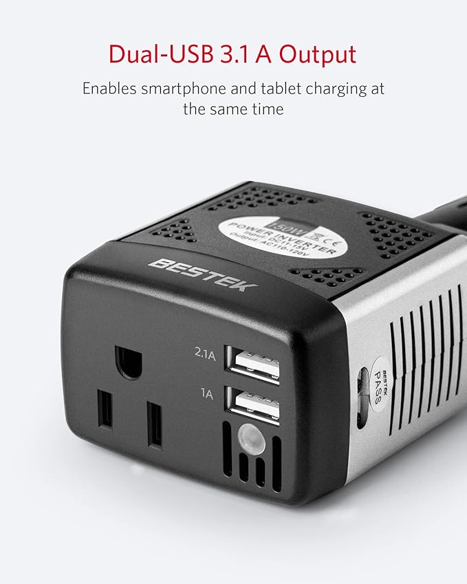 BESTEK 150W Power Inverter 12V to 110V Voltage Converter Car Charger Power Adapter with 3.1A Dual USB Charging Ports, Rotatable Plug & Safety Protection for Road Trip, Camping, Laptop
