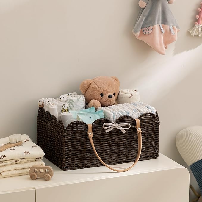 HBlife Baby Diaper Caddy Organizer, Portable Scalloped Plastic Wicker Woven Basket with Divider, Nursery Diaper Station, Baby Shower Gifts Basket, Car Organizer, Washable Waterproof