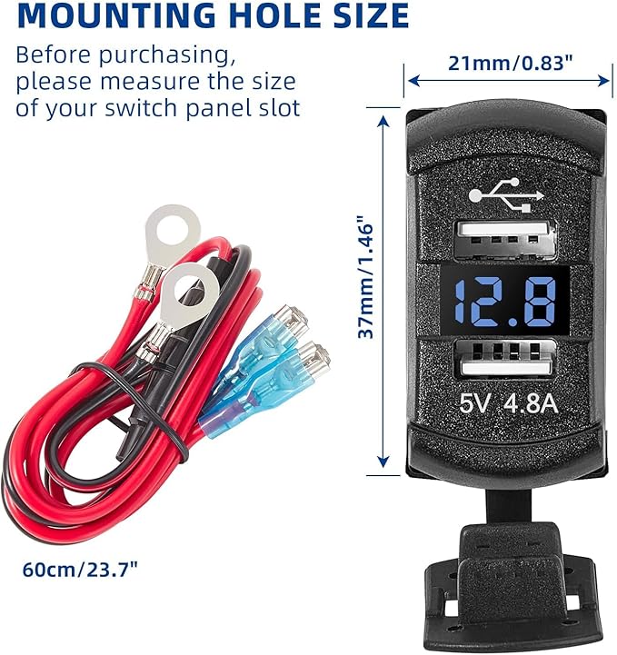 Anina Rocker Switch Style Dual USB Car Charger Port, 12V-24V Waterproof USB Socket with Blue LED Voltmeter, 4.8A USB Outlet Replacement for Marine Toggle Switch Panel on Boat Truck SUV RV UTV