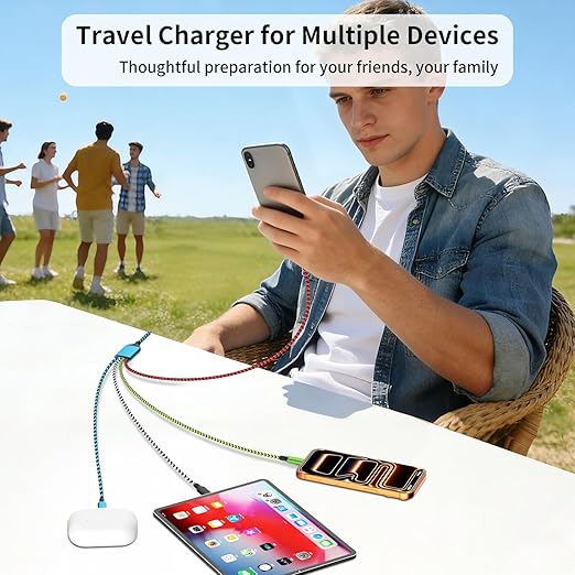 Travel Essentials, Dual Type-C 4 in 1 Multi Charging Cable 2 Pack 5FT Multi Charging Cables for All Devices,Charger Cord Adapter 2USB-C/IP Port for Cell Phones ( Blue&Black,USB A to 3 Type C+1IP )