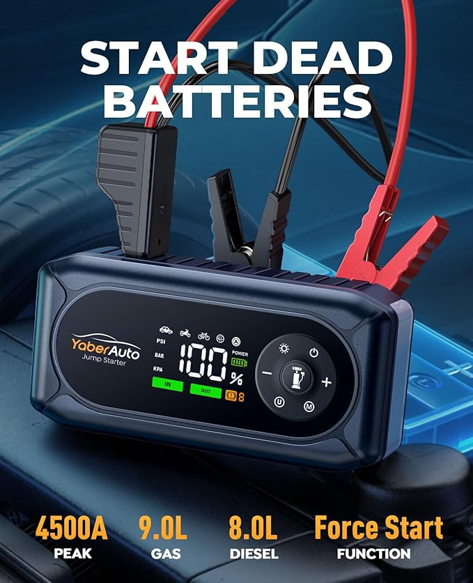 YaberAuto 9-in-1 Car Jump Starter with Air Compressor 4500A 150PSI, Battery Jumper Starter Portable for 9L Gas/8L Diesel, Jump Box with Auto-Shutoff Tire Inflator, Safety Jumper Cables, Gloves, Lights