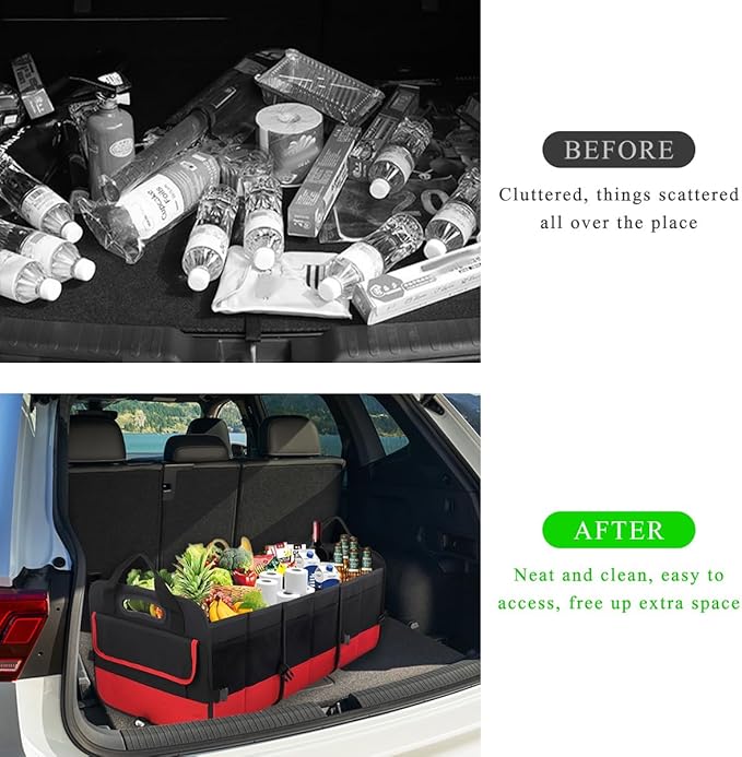 Large Organizer for Car, 95L Stretchable Storage Trunk Organizer with Divided Compartments, Fixed Big Trunk Organizer with Handles & Adjustable Straps, Car Accessories (Black & Red)