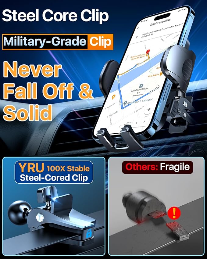 YRU [True Upgrade for Safety Car Phone Holder Mount [Patent & Military-Grade] Dashboard Cell Phone Holder for Car Vent Windshield Phone Stand for iPhone 17 16 15 14 13 Pro Max Truck Samsung, Pink