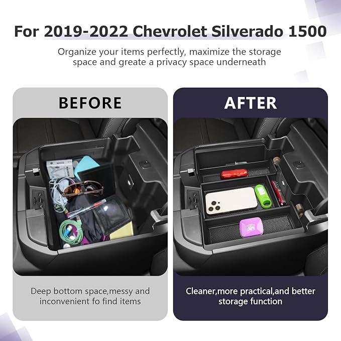LUWU Center Console Organizer Compatible with 2019 2020 2021 2022 Chevy Silverado/GMC Sierra 1500 & 2020 2021 2022 Chevrolet Silverado/Sierra 2500HD 3500HD Black (ONLY for Full Console w/Bucket Seat)