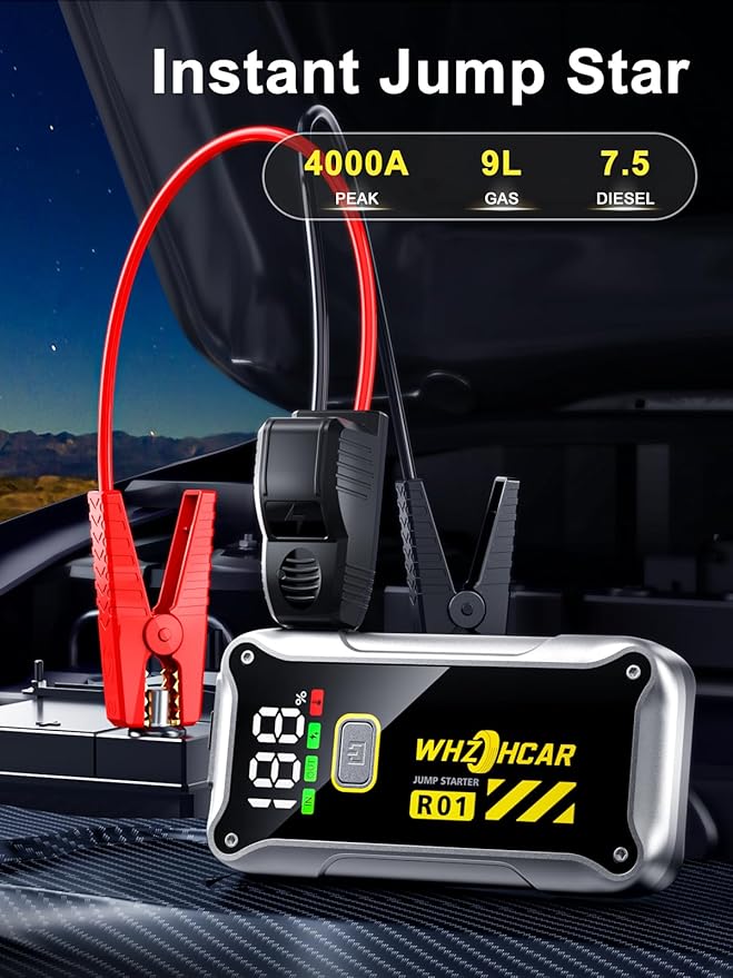 Car Jump Starter,12V 4000A Car Battery Jump Starter (9.0 Gas/7.5L Diesel) Fast Charging Portable Battery Pack with LCD Display Extended Jumper Cables LED Light