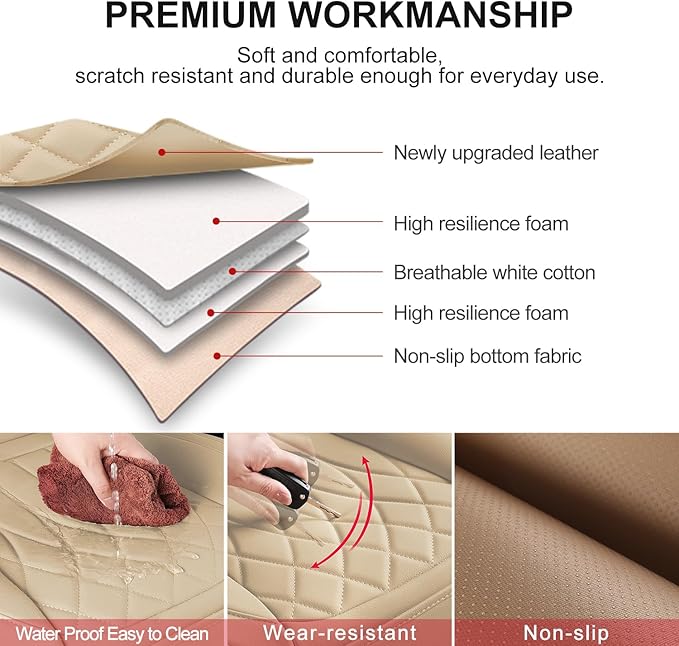 BEITK 2 Pack Leather Front Car Seat Cover Bottom Car Seat, Universal Anti-Slip Driver Car Seat Protectors with Storage Pocket, Waterproof Bottom Auto Seat Cushion Pad Mat for Most Vehicles(Beige)