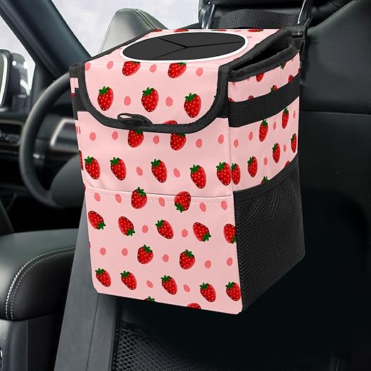 Cute Strawberry Collapsible Reusable Waterproof Car Trash Can with Lid, Automotive Garbage Can, Car Organizer