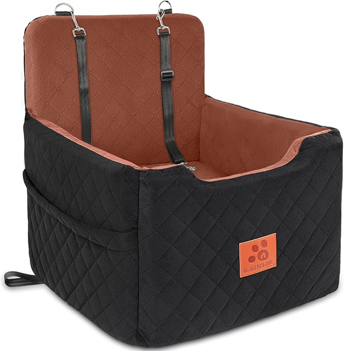 GL GLENSLAVE Dog Car Seat for Small/Medium Dogs Under 35lbs,Memory Foam Dog Booster Seats,Detachable and Washable Traval Pet Car Seat, Dogs Bed with 2 Safety Belts(Balck/Brown)