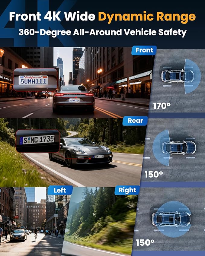 4K+1080P*3 FHD Car Camera, 4 Channel 360° Dash Cam Front Rear Inside & Left Right, 5GHz WiFi & App Control, 24H Parking Mode, G-Sensor, 8 IR Lamps Night Vision, Loop Recording, Includes 64GB SD Card