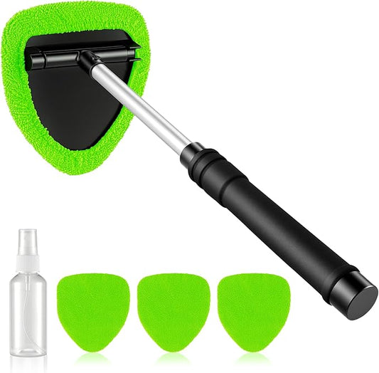 JUSTTOP Windshield Cleaner Tool, Car Interior&Exterior Window Cleaning Tool with Extendable Handle & 4 Reusable Microfiber Pads, Auto Glass Wiper Brush Kit for Cars (Green)