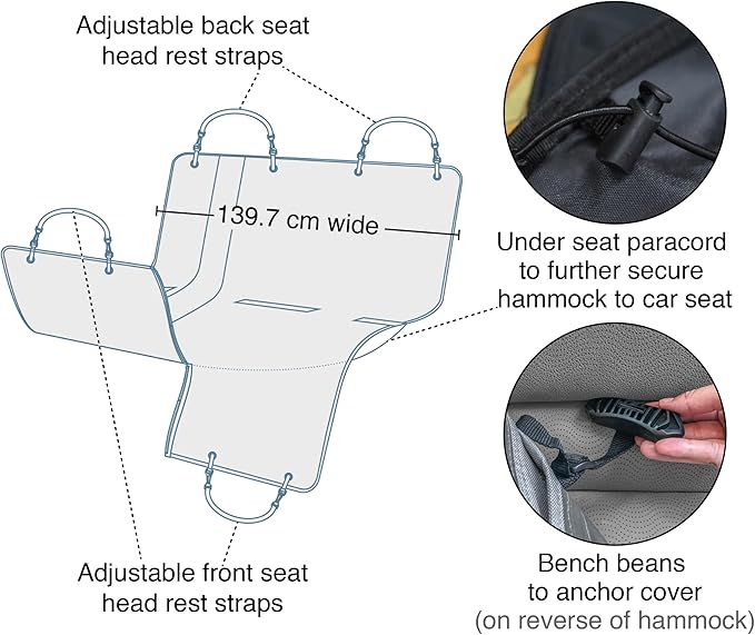 Kurgo Wander Dog Hammock Car Seat Cover for Pets, Pet Seat Cover, Car Hammocks for Dogs, Water-Resistant (55" Wide, Black)