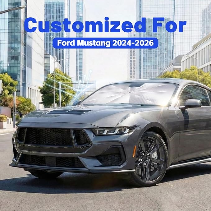Car Windshield Sun Shade for Ford Mustang 2024-2026 –[Reflective Coated Fabric] Sunshade Umbrella for Front Window, Car Shades Sun Visor Keep Car Cool and Protects Interior, 1:1 Exact Fit