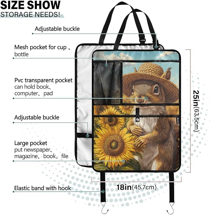 Sunflower Squirrel 1 Pack Backseat Car Organizer with Storage Pockets Seat Back Organizers for Kids Kick Mats Backseat Protector Automotive