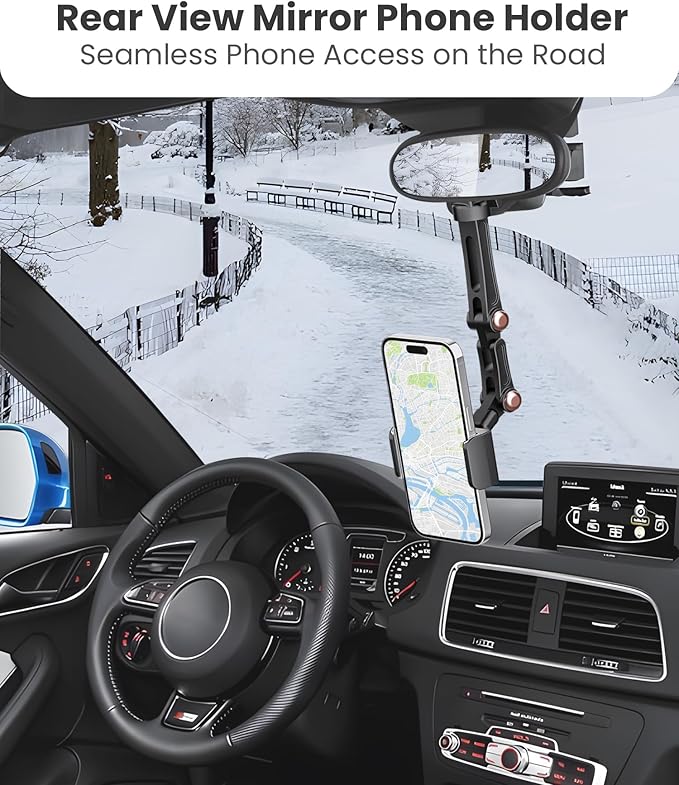 Karmus Rear View Mirror Phone Holder, Rearview Mirror Phone Holder for Car, Rotatable and Retractable Car Phone Holder Mount, Car Truck Essentials Accessories Compatible with All Cell Phones