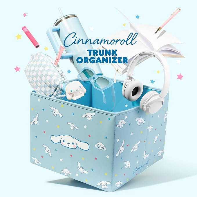 Sanrio Cinnamoroll Car Trunk Organizer & Steering Wheel Cover Set – Cute, Non-Slip, Soft Grip Car Accessories for Women – Collapsible Storage Bin for Groceries, Tools & Travel – 12.5"L x 12.5"W x 9"H