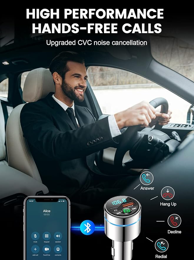 RIWUSI FM Transmitter for Car Bluetooth 5.3, [All-Metal] PD 30W & QC3.0 18W Fast Car Charger, Wireless FM Radio Kit Bluetooth Car Adapter, Noise Cancelling Hands-Free Call, Blue Light - Silver