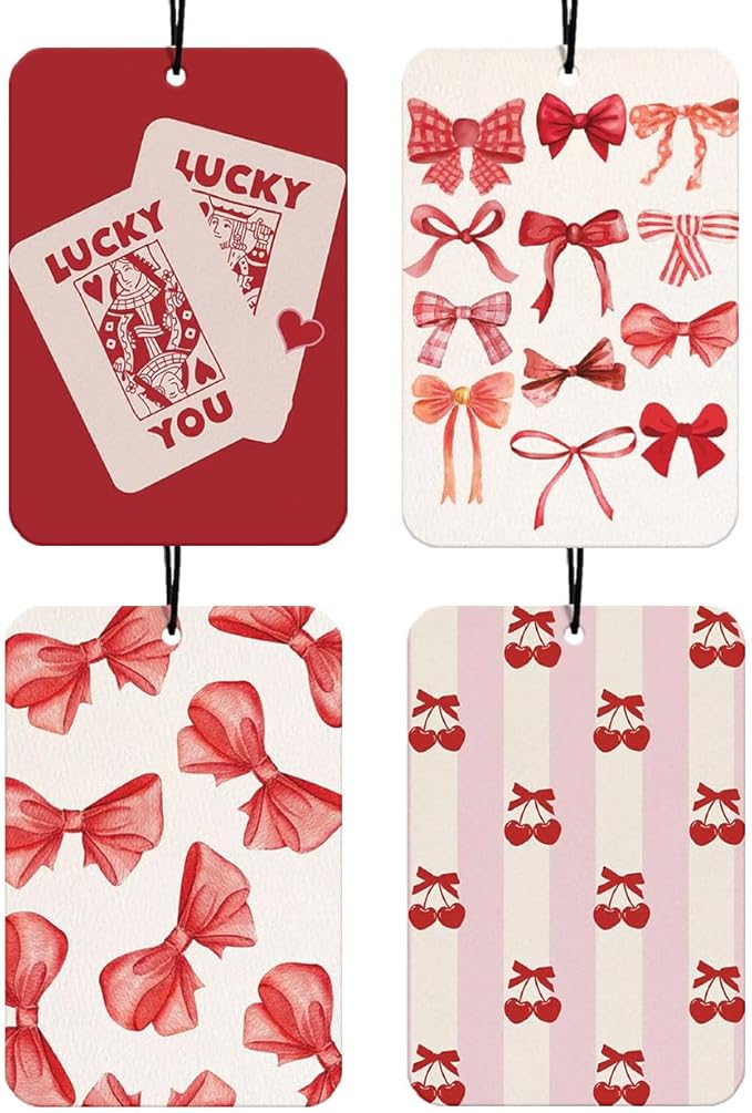 Pink Coquette Bows Car Air Freshener Hanging 4Pcs, Girly Pink and Red Cherry Car Accessories Interior for Women, Lucky You Cherry Coquette Rearview Mirror Decor Freshie for Cars Girls(Vanilla)