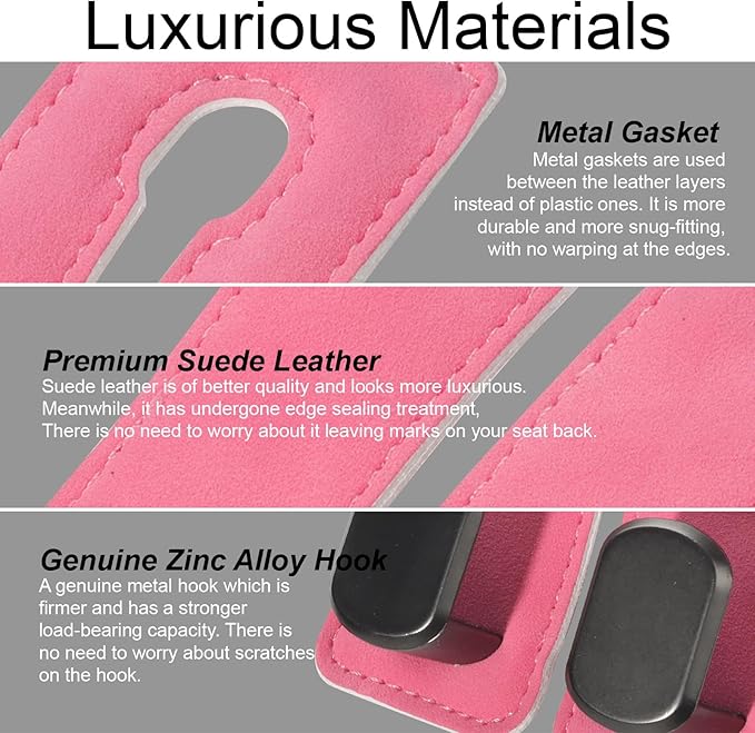 Purse and Bag Hook for Car, Zinc Alloy Seat Headrest Hooks, Upgraded Leather Cute Car Seat Back Purses Hanger and Bags Holder (Pink, 2Pack)