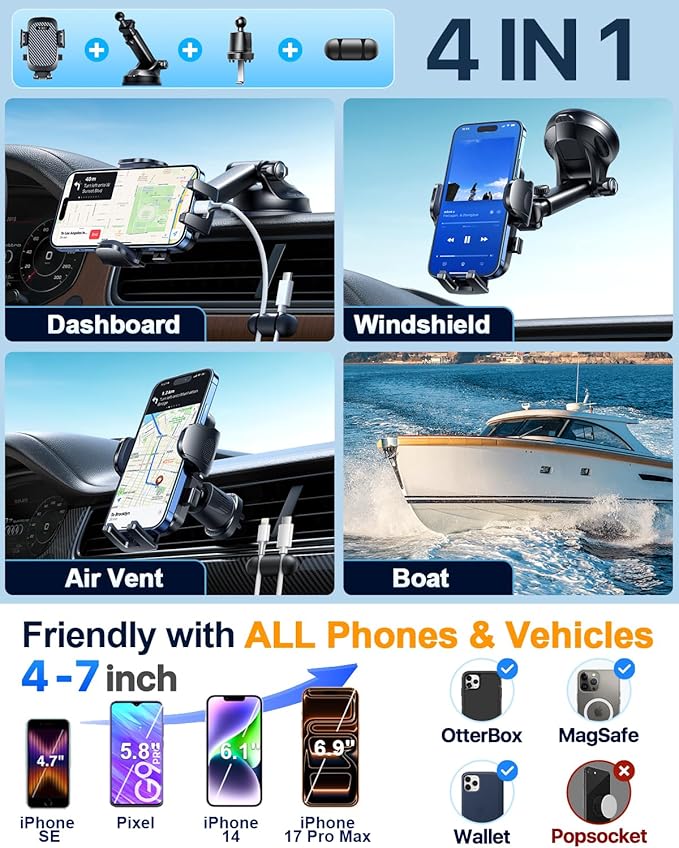 YRU True Military-Grade [360° Rotation Suction] 2026 Ultimate Car Phone Holder Mount 【90+LBS Safest Strongest & Patent Certs】 Dashboard Windshield Vent for iPhone 17 Pro Max Speaker Boxes, Gloss Black