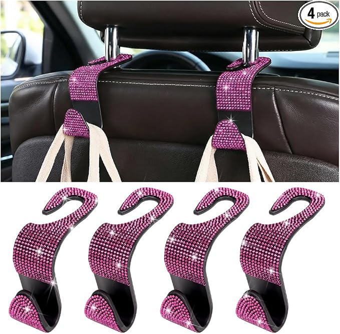 4PCS Bling Car Seat Headrest Hooks, Crystal Rhinestone Vehicle Purse Handbag Coat Hangers Holder, Automotive Interior Storage Organizer Accessories for Women Girls, Universal Fit (Pink)