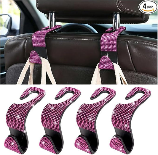 4PCS Bling Car Seat Headrest Hooks, Crystal Rhinestone Vehicle Purse Handbag Coat Hangers Holder, Automotive Interior Storage Organizer Accessories for Women Girls, Universal Fit (Pink)