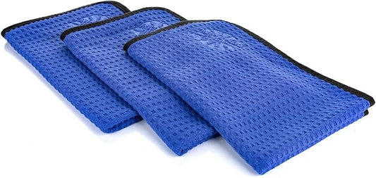 The Rag Company - Dry Me A River - Professional Korean 70/30 Blend, Microfiber Waffle-Weave, Drying & Detailing Towels, Soft Suede Edges, 390gsm, 16in x 24in, Royal Blue (3-Pack)