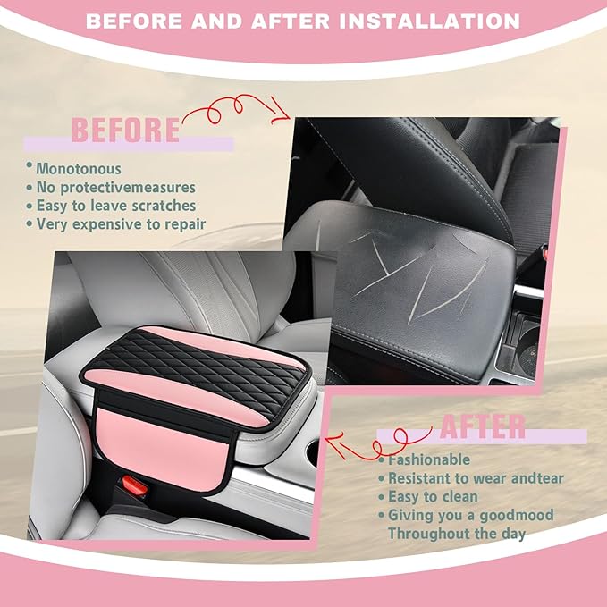 Leather Car Center Console Cover with Side Pockets, Upgraded Arm Rest Cover for Car Seat Organizer, Middle Console Cover Stylish Car Decoration, Universal for Most Vehicles (Pink)