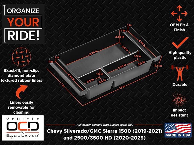 Vehicle OCD Center Console Organizer Tray for Chevy Silverado 1500 / GMC Sierra 1500 (2019-2021) & 2500/3500 HD (2020-2023) (Full Console w/Bucket Seats ONLY) - Made in USA - SLX153