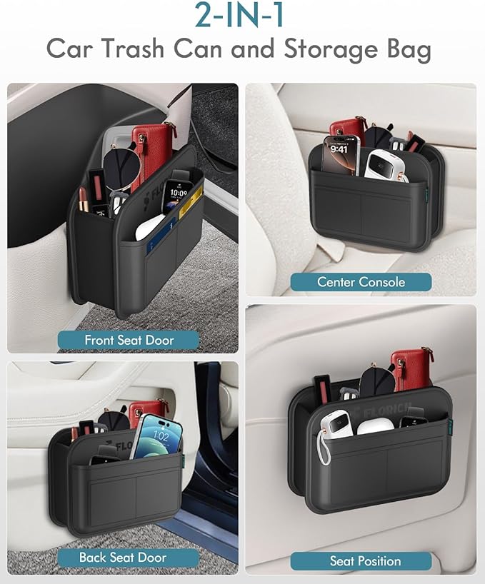 FLORICH Car Door Organizer, Small Leather Foldable Hanging Organizer and Trash Can 2-in-1, Multi-Function Mini Storage Box Garbage Can for Car Back Seats and Side Door-2Pack