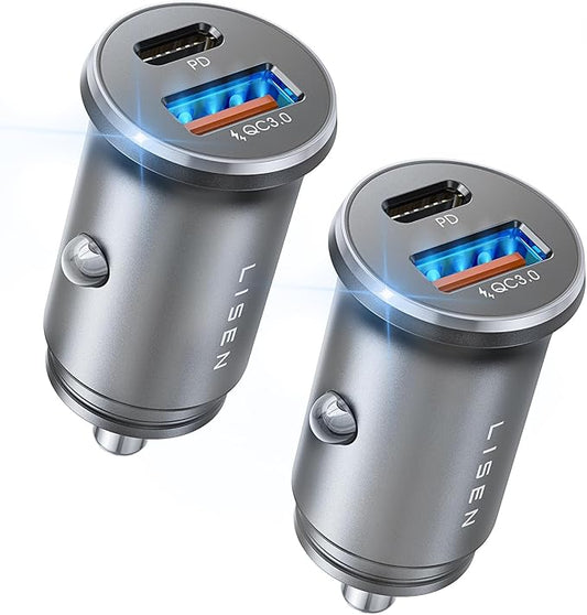 LISEN 48W USB C Car Charger Adapter [2 Pack] [Mini & Metal] Cigarette Lighter USB Charger Fast Charging [PD QC 3.0] USBC Car Phone Charger for iPhone 15 Pro Max Plus 14 Samsung Galaxy iPad Silver