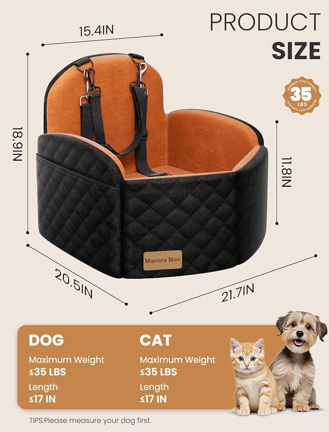 Dog Car Seat for Small/Medium Dogs, Elevated Dog Booster Seat Memory Foam Puppy Car Seat with Washable Cover, Travel Safety Pet Seat for Car with Storage Pockets Up to 35 lbs (Black/Brown)